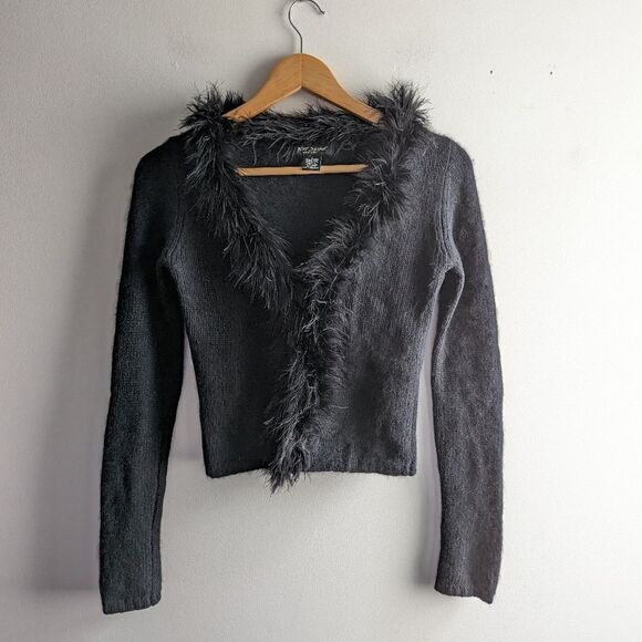 Vintage Betsey Johnson black angora rabbit hair feather trim cardigan sweater - Picture 1 of 5